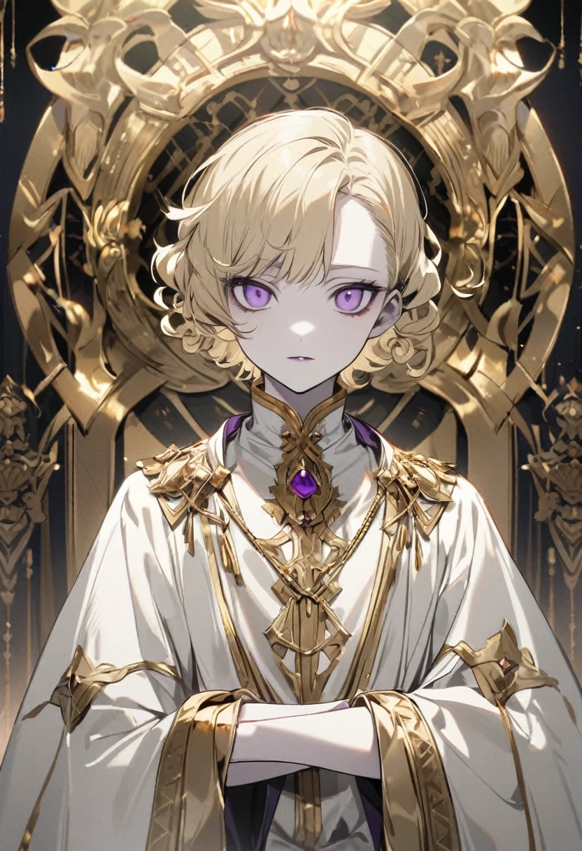 Boy , blonde short curly hair , gray and purple eyes, albinos , pale skin , white clothes, gold accessories