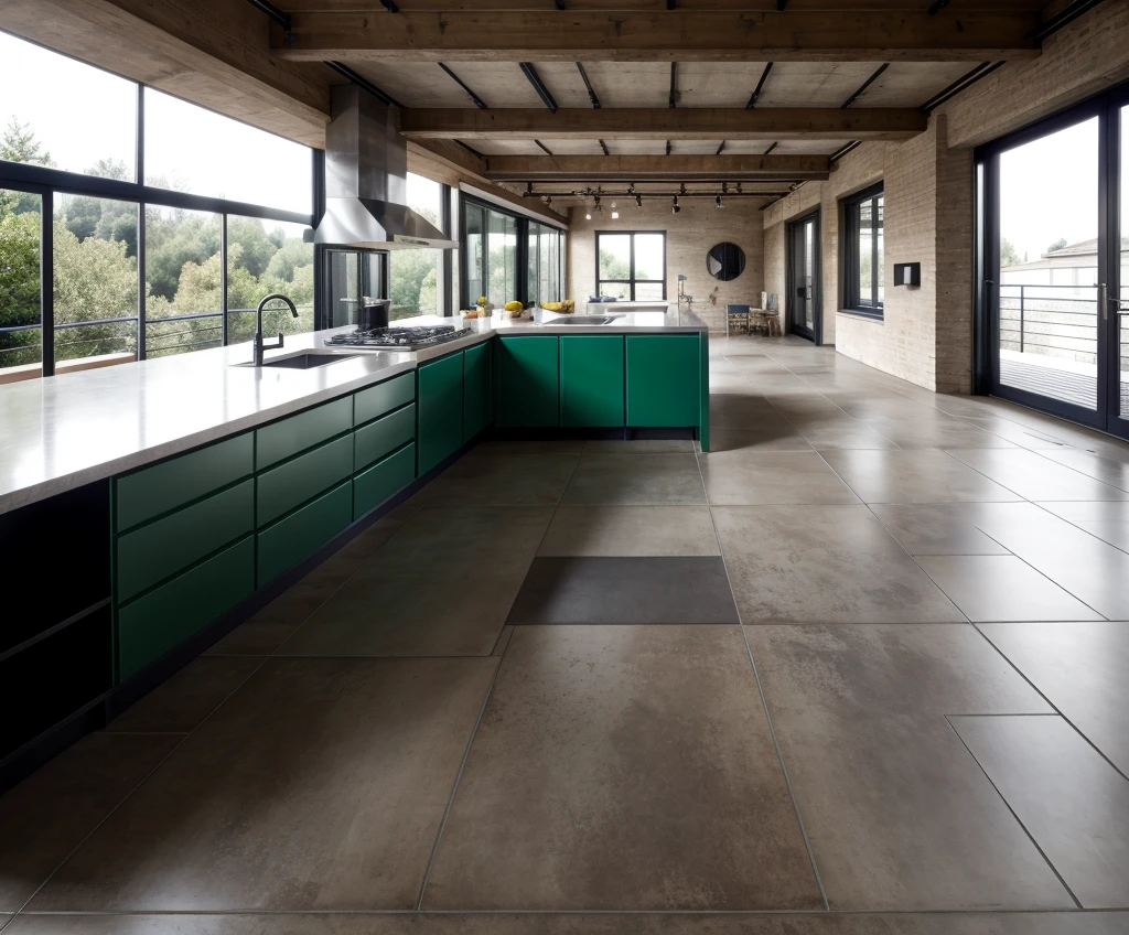 style industriel extérieur de maison, couleurs jaune foncé et vert, comme une ancienne usine industrielle,matières premières, éléments structurels exposés, et simple, Des lignes épurées,acier dégrossi, Béton poli, verre, et brique apparente,