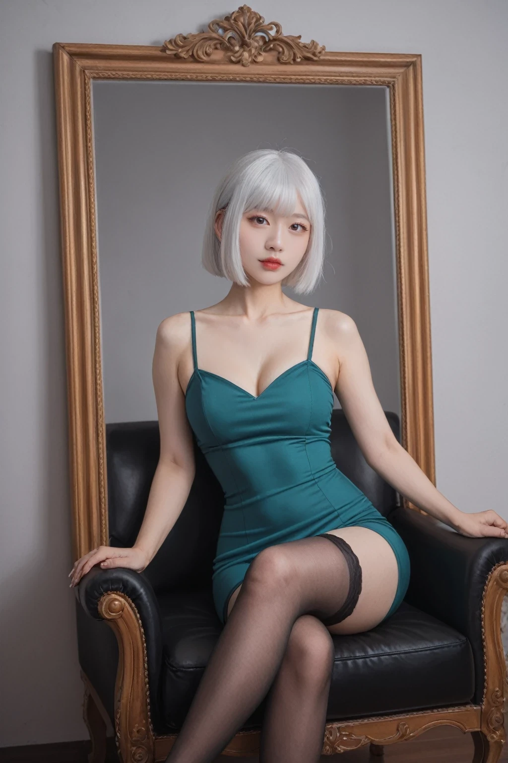 score_9, score_8_up, score_7_up, BREAK,
 a woman sitting in a chair taking a picture of herself, a photorealistic painting, inspired by Sim Sa-jeong, realism, perfect white haired girl, sexy style, li zixin, red and grey only, realistic cosplay, tight dress, jaeyeon nam, 4k], 38 years old, mirror, realistic photography