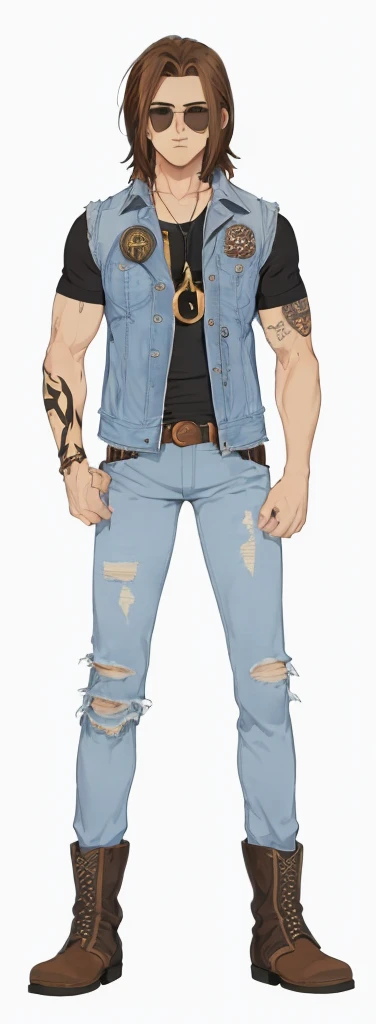 men, muscular, brown hair, round sunglasses, tattoo, jeans vest, metal shirt, belt, ripped jeans pants, leather boots, shoelace
