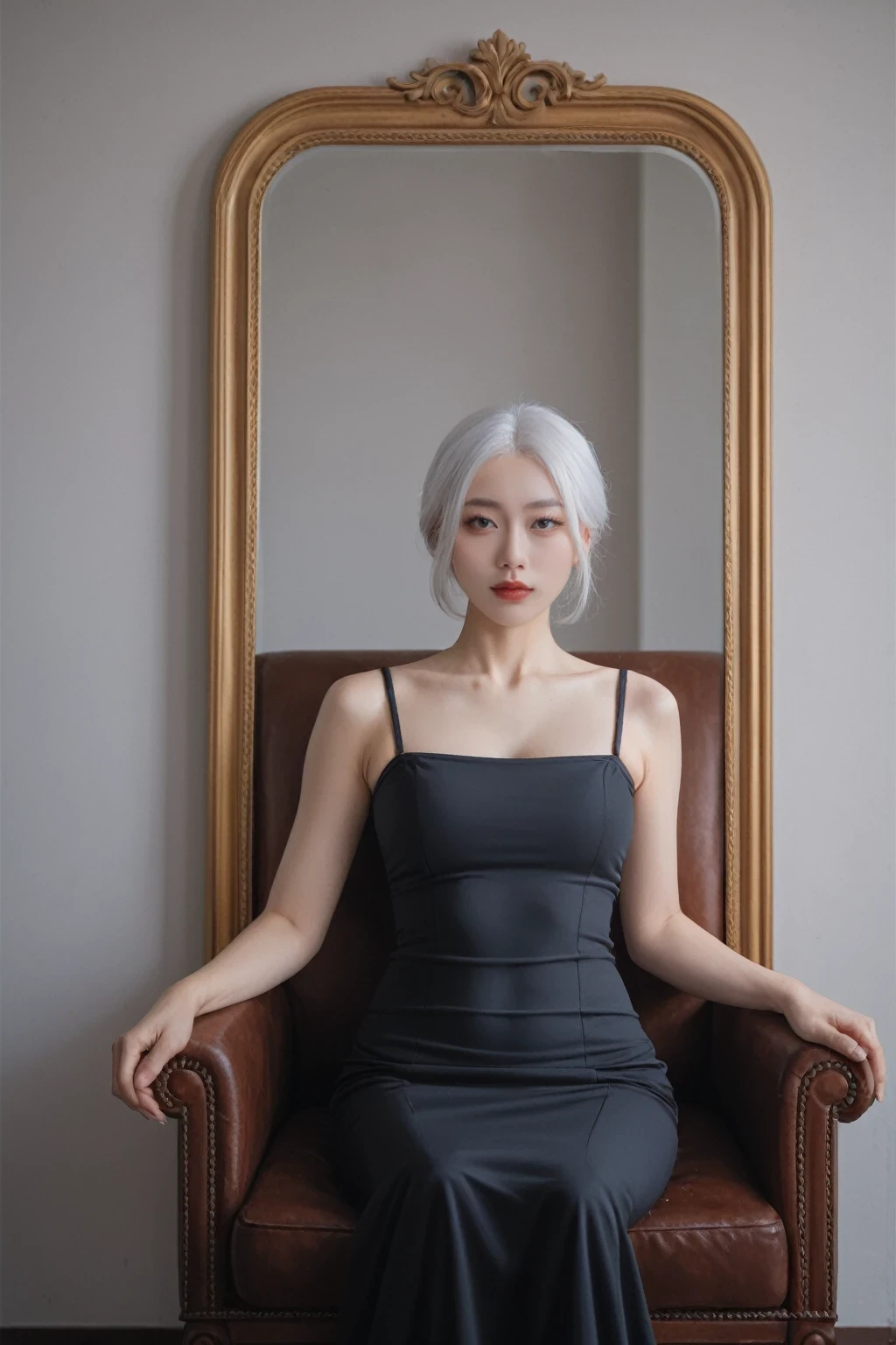 score_9, score_8_up, score_7_up, BREAK,
 a woman sitting in a chair taking a picture of herself, a photorealistic painting, inspired by Sim Sa-jeong, realism, perfect white haired girl, sexy style, li zixin, red and grey only, realistic cosplay, tight dress, jaeyeon nam, 4k], 38 years old, mirror, realistic photography