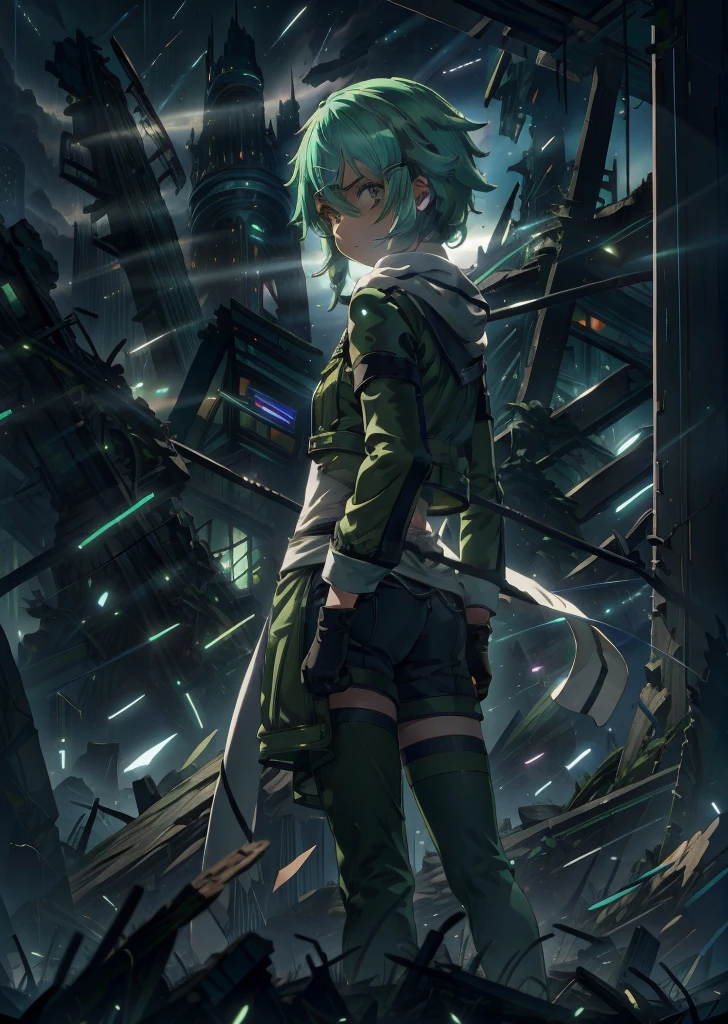 (masterpiece), best quality, expressive eyes, perfect face, highres, sinon1, scarf, fingerless gloves, long sleeves, short shorts, hair ornament, hairclip, green thighhighs, green jacket, thigh strap, hands on hip, field, ruins background, ruined structures, standing,upper body portrait, looking at the viewer