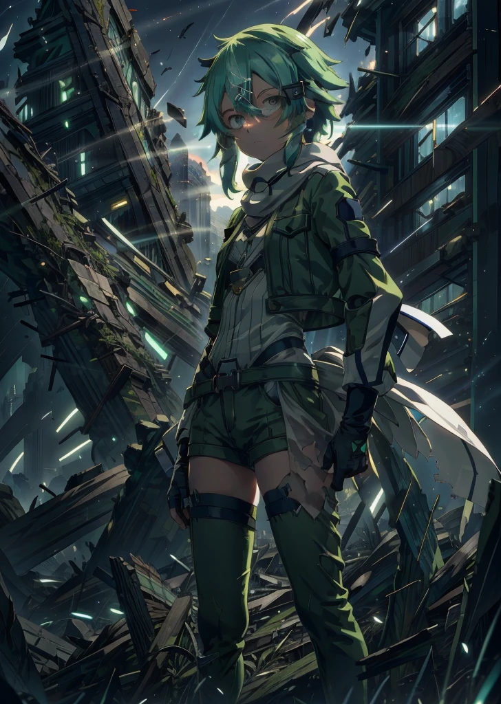 (masterpiece), best quality, expressive eyes, perfect face, highres, sinon1, scarf, fingerless gloves, long sleeves, short shorts, hair ornament, hairclip, green thighhighs, green jacket, thigh strap, hands on hip, field, ruins background, ruined structures, standing,upper body portrait, looking at the viewer