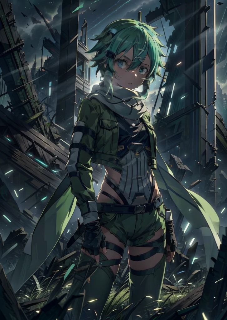 (masterpiece), best quality, expressive eyes, perfect face, highres, sinon1, scarf, fingerless gloves, long sleeves, short shorts, hair ornament, hairclip, green thighhighs, green jacket, thigh strap, hands on hip, field, ruins background, ruined structures, standing,upper body portrait, looking at the viewer