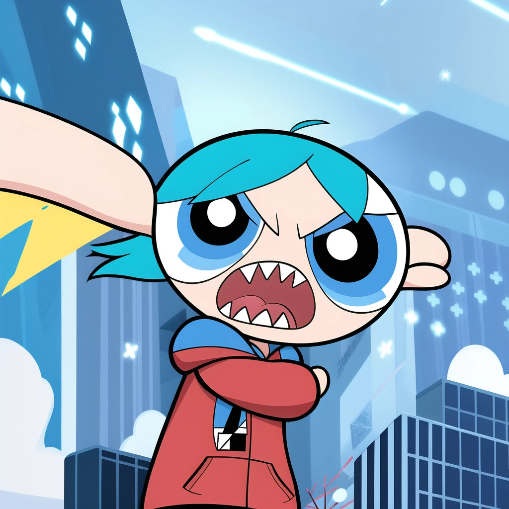 chibi, 1boy, multicolored hair, blue eyes, blue hair, blue hoodie, sharp teeth, hood up, Solo