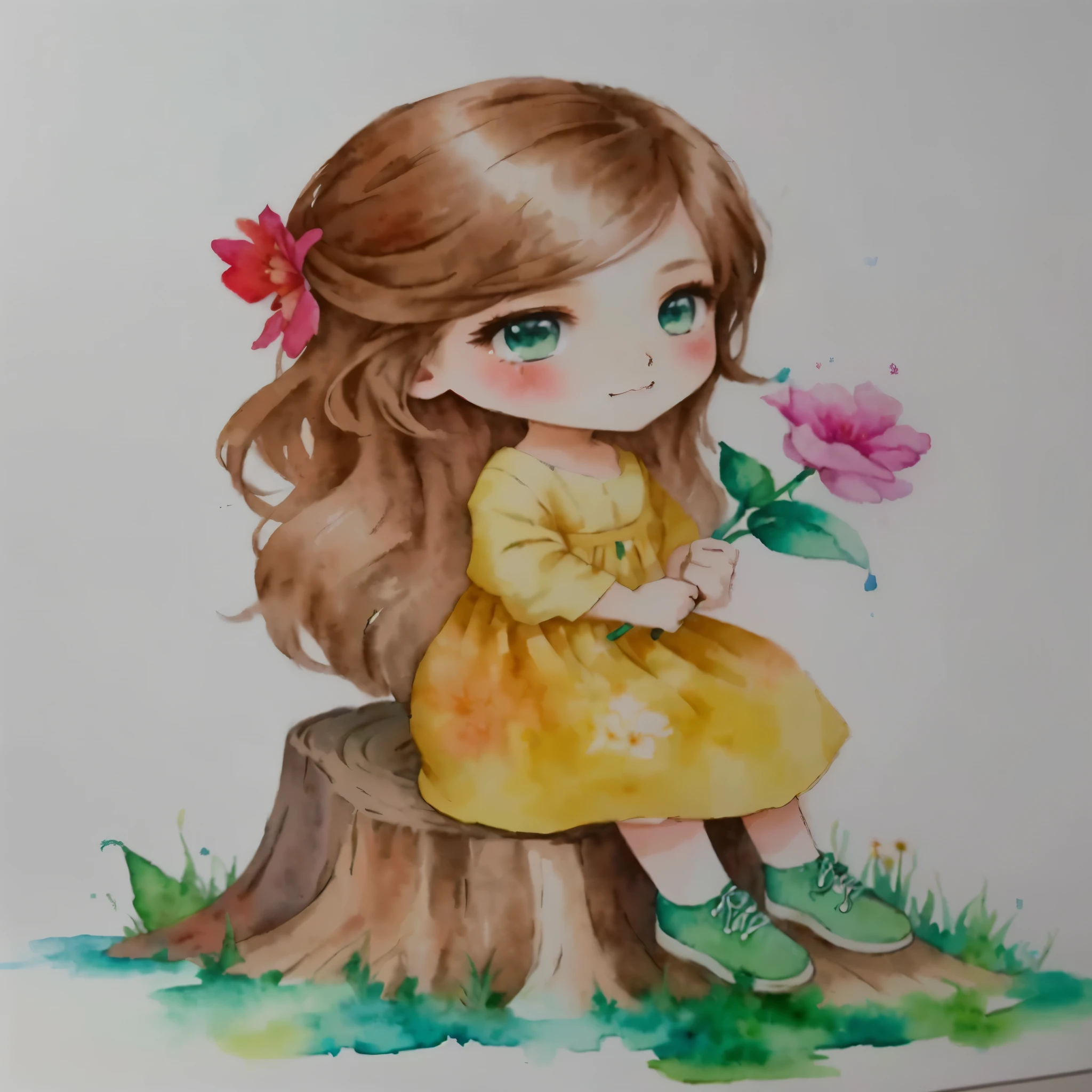 painting of one with a flower sitting on a tree stump, cute art style, realistic painting of beautiful girl, cute drawing, watercolor colored painting, chibi girl, cute portrait, portrait of a beautiful girl, Watercolor painting, beautiful drawing style, watercolor drawing, chibi art, traditional art, cute digital art, cute cartoon character, water color on paper, beautiful painting