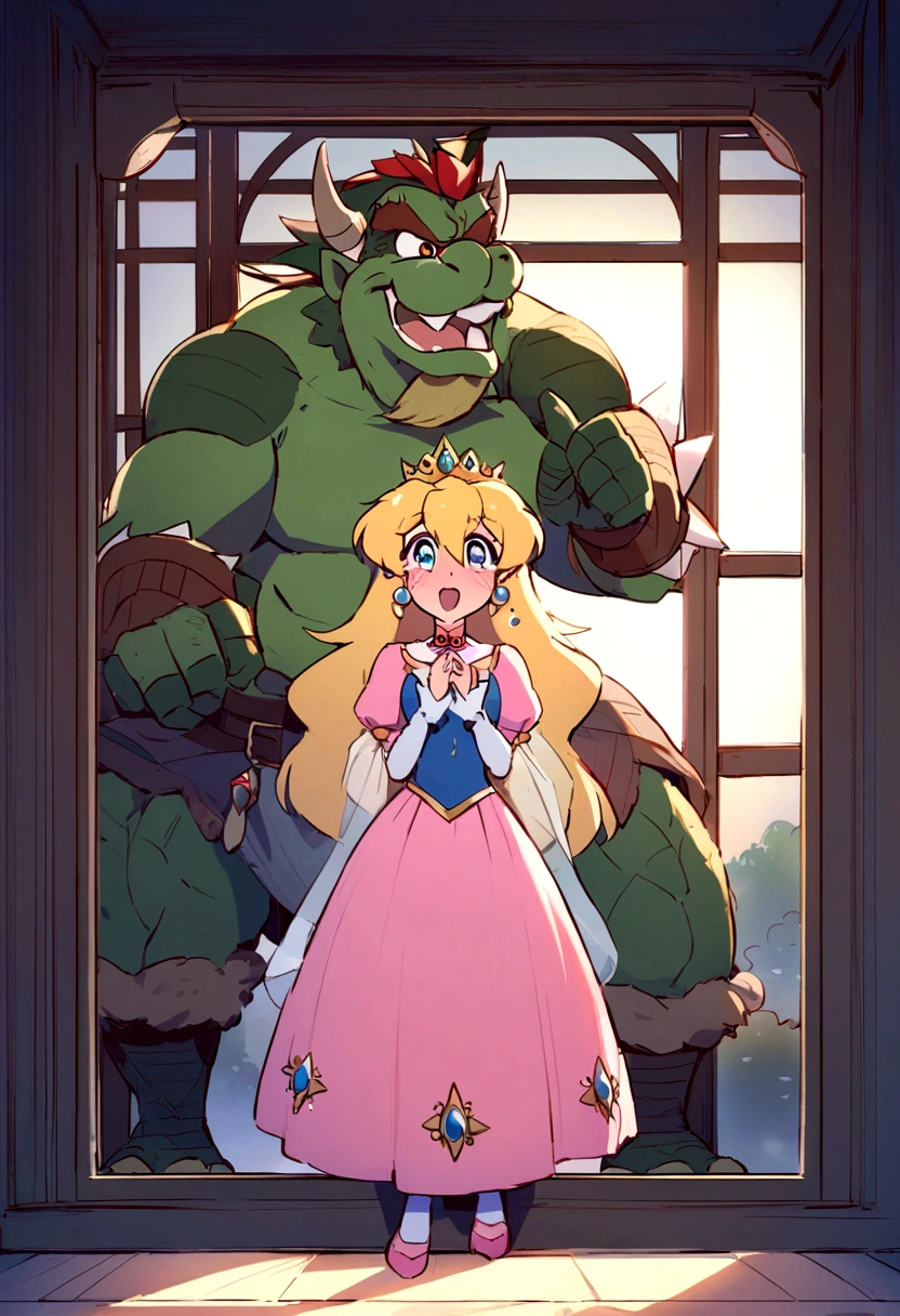 Create Me An Amazing Painting Of King Bowser happily Singing To The Love Of His Life Princess Peach and crying tears of joy, while he stands near a glass See through window as she gazes into his beautiful crying eyes near the window as well. His eyes are FULL OF TEARS, emphasizing the intensity of his happy song. Tears stream down his face, glistening in the faint light and pooling at his feet, indicating just how deeply affected he is.