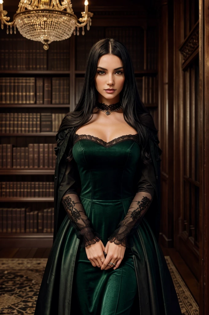 Gothic Library

Background: A dimly lit, ancient library with towering bookshelves filled with leather-bound books, a crystal chandelier casting a soft glow.
Woman: High cheekbones, piercing green eyes, long raven-black hair, wearing a velvet dress. aesthetic , minimalistic, hyper realistic, cinematic, super realistic, 8k quality, HD quality, super detailed , ultra detailed, minimalist , pinterest images