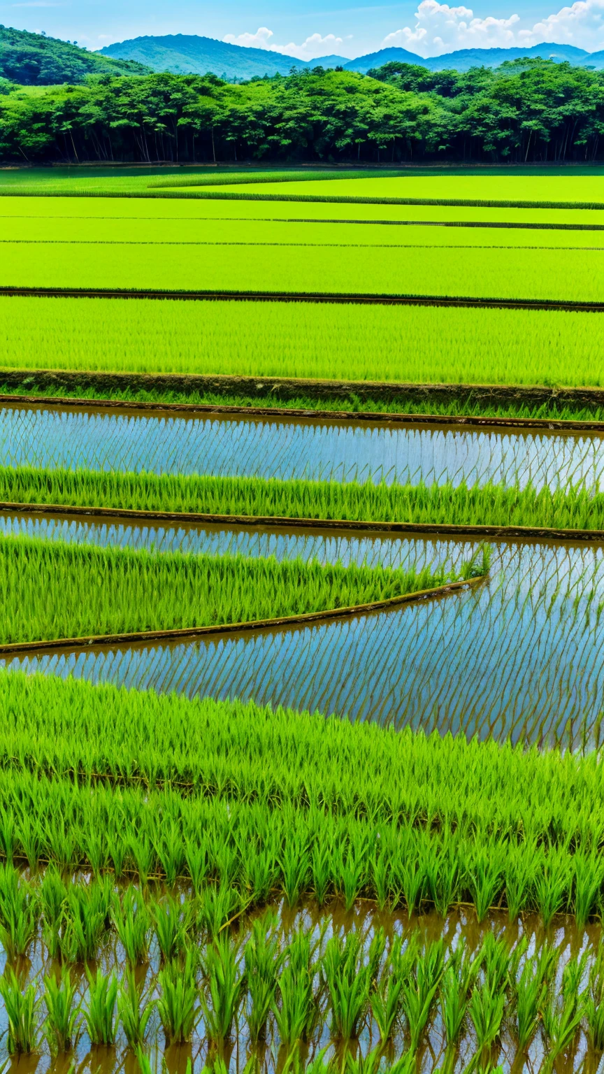 river、countryside、blue sky、Style、Paddy field、