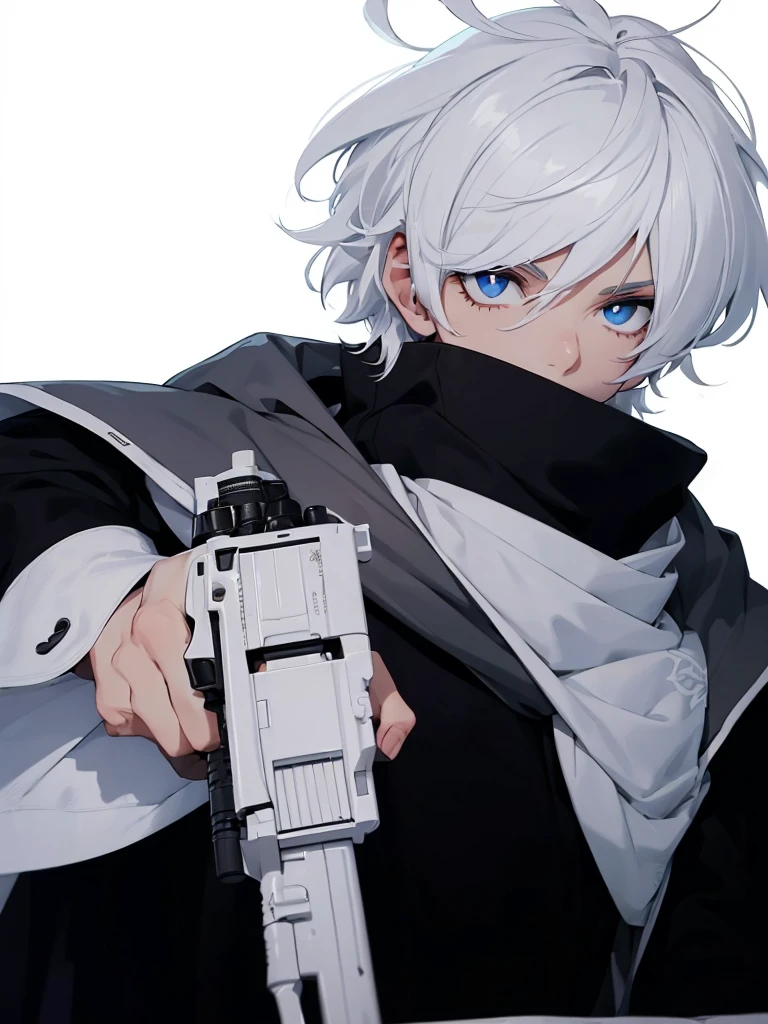 Boy with white hair;
shorth hair;
Messy hair;
eye white;
Some gun sight marks on the pupils;
wear black pants;
black jersey;
A white sweater;
A white scarf;
Snow white pupils The sniper is also white in color There's a white sniper on the back;
He is lying on the ground aiming with the sniper Right hands Symmetry Best quality No errors
Sniper na mão
((Faça ele segurar uma sniper branca simétrica sem erros e a mão segurando corretamente))
((Arma um pouco maior que o corpo))