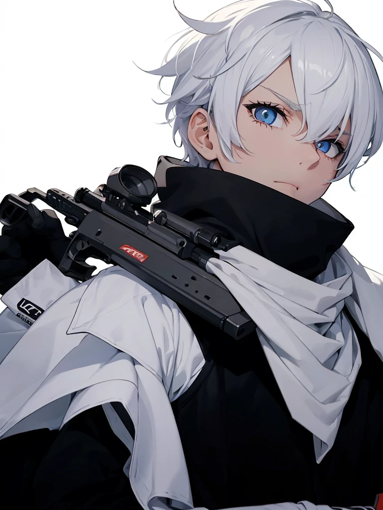 Boy with white hair;
shorth hair;
Messy hair;
eye white;
Some gun sight marks on the pupils;
wear black pants;
black jersey;
A white sweater;
A white scarf;
Snow white pupils The sniper is also white in color There's a white sniper on the back;
He is lying on the ground aiming with the sniper Right hands Symmetry Best quality No errors
Sniper na mão
((Faça ele segurar uma sniper branca simétrica sem erros e a mão segurando corretamente))
((Arma um pouco maior que o corpo))