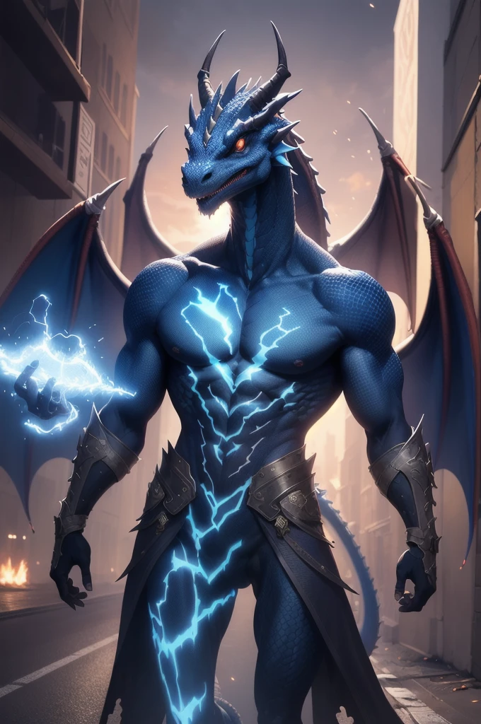 (masterpiece:1.2), Best quality,realistic,The middle of the road, young serious guy, Young aristocrat, costs, blue magic swirls around, blue magic effect, blood magic, next to the body of a dragon, living dragon, Blue energy effects around the dragon, volumetric light
