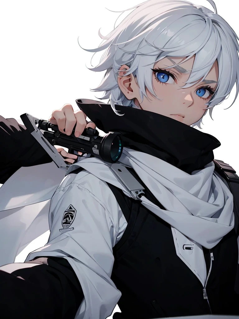 Boy with white hair;
shorth hair;
Messy hair;
eye white;
Some gun sight marks on the pupils;
wear black pants;
black jersey;
A white sweater;
A white scarf;
Snow white pupils The sniper is also white in color There's a white sniper on the back;
He is lying on the ground aiming with the sniper Right hands Symmetry Best quality No errors
Sniper na mão
((Faça ele segurar uma sniper branca simétrica sem erros e a mão segurando corretamente))
((Arma um pouco maior que o corpo))