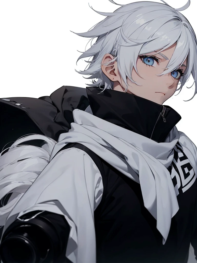 Boy with white hair;
shorth hair;
Messy hair;
eye white;
Some gun sight marks on the pupils;
wear black pants;
black jersey;
A white sweater;
A white scarf;
Snow white pupils The sniper is also white in color There&#39;s a white sniper on the back;


He is lying on the ground aiming with the sniper Right hands Symmetry Best quality No errors 

Sniper na mão 


((Faça ele segurar uma sniper branca simétrica sem erros e a mão segurando corretamente))


((Arma um pouco maior que o corpo))