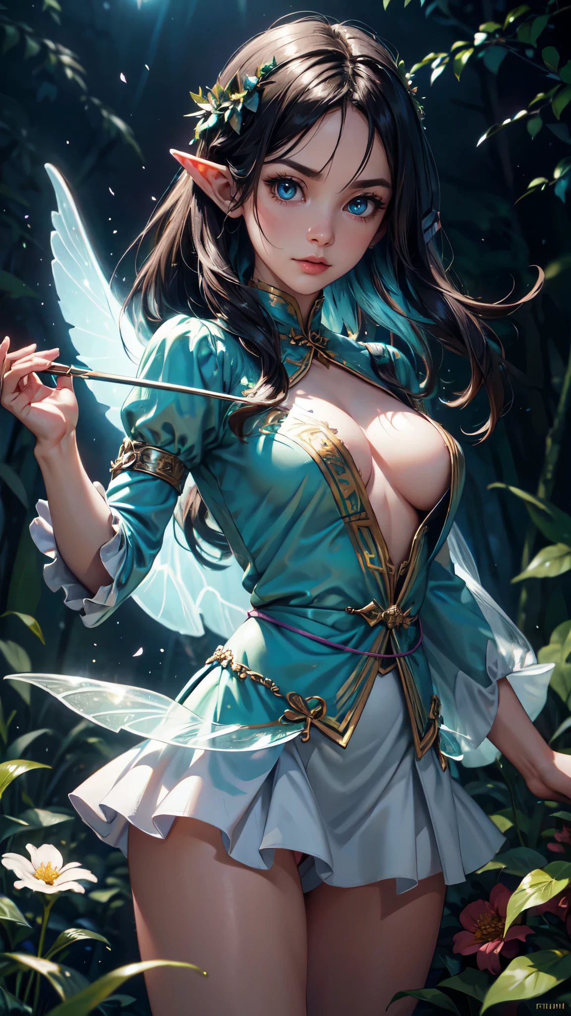 ln the forest,Moon Night,Flower fairy, Skirt made of petals,Transparent colorful wings, Magic wand,depth of fields,high light,Real light,Ray traching,oc rendered,Hyper-realistic,best qualtiy,8K,Works of masters,super-fine,Detailed pubic hair,Correct anatomy,sharp focus on eyes,Bokeh,Facial features are carefully depicted,detailed face, detailed eyes, detailed handssexy woman,elf girl