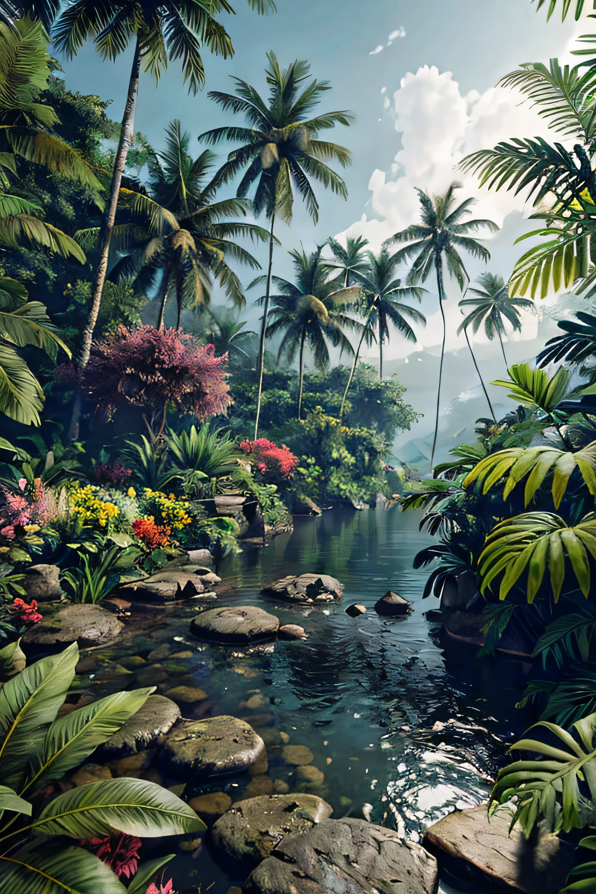 unreal engine 5 render, jungle, river, flowers, extremely detailed, colorful