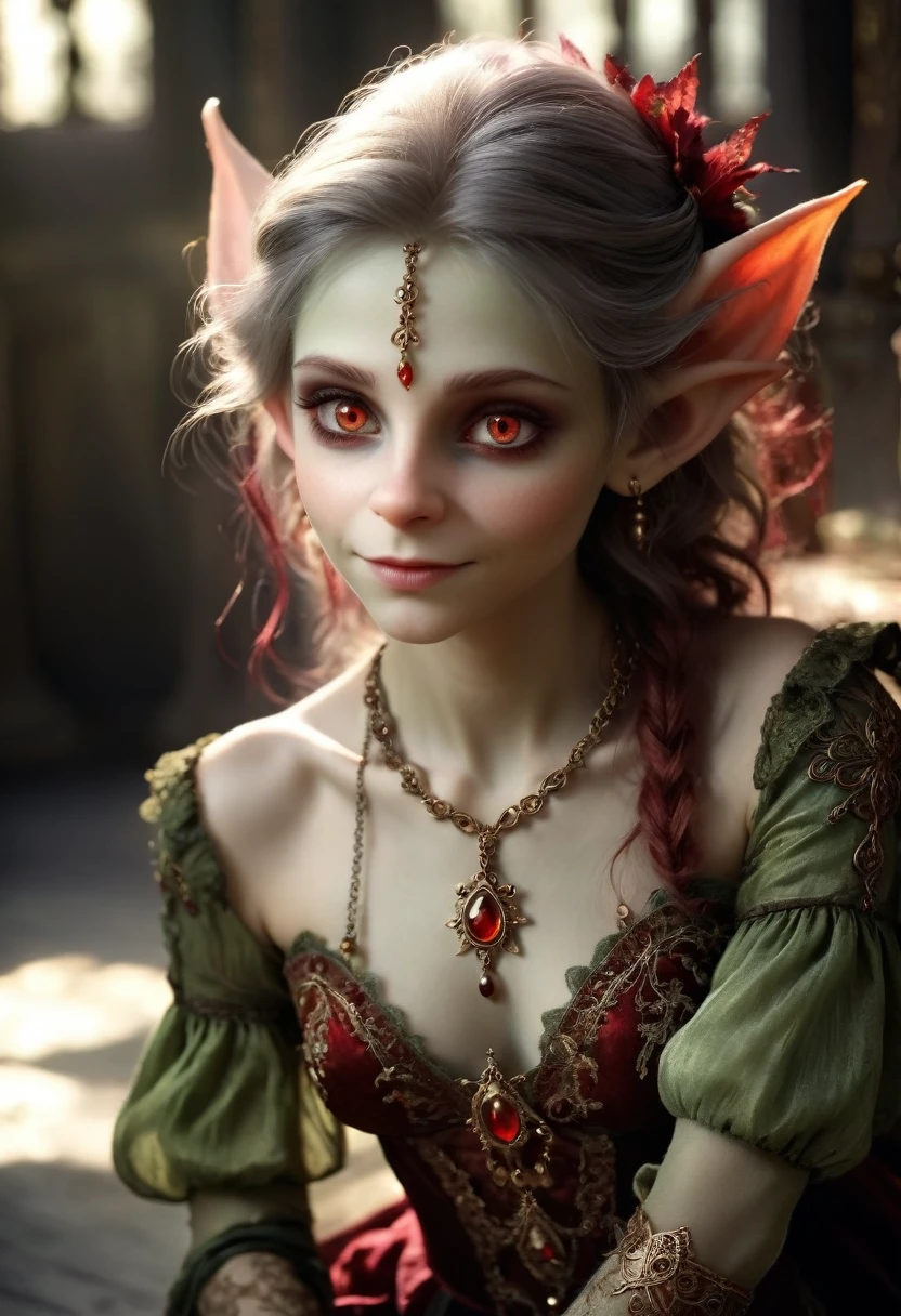 (Realisttic:1.2), analog photo style, (cute goblin wooman looking like elf, intensed red eyes, surrounded by a gloomy antique setting), (her full body s a visual pleasure), faint smile, soft shading expresses beautiful skin texture, sexy and seductive, Graceful curve, light reflection on the floor, ornate embroidery and embellishments, an elegant necklace, thin bracelets on the wrist, rich and lustrous hair, three dimensional effect, gloomy dark atmosphere, play of light in the sun rays, a delicate balance between beauty and darkness, faded colours, great quality, Masterpiece, intricate fantasy background, naturally cinematic light, 16k quality, HDR, RAW photo