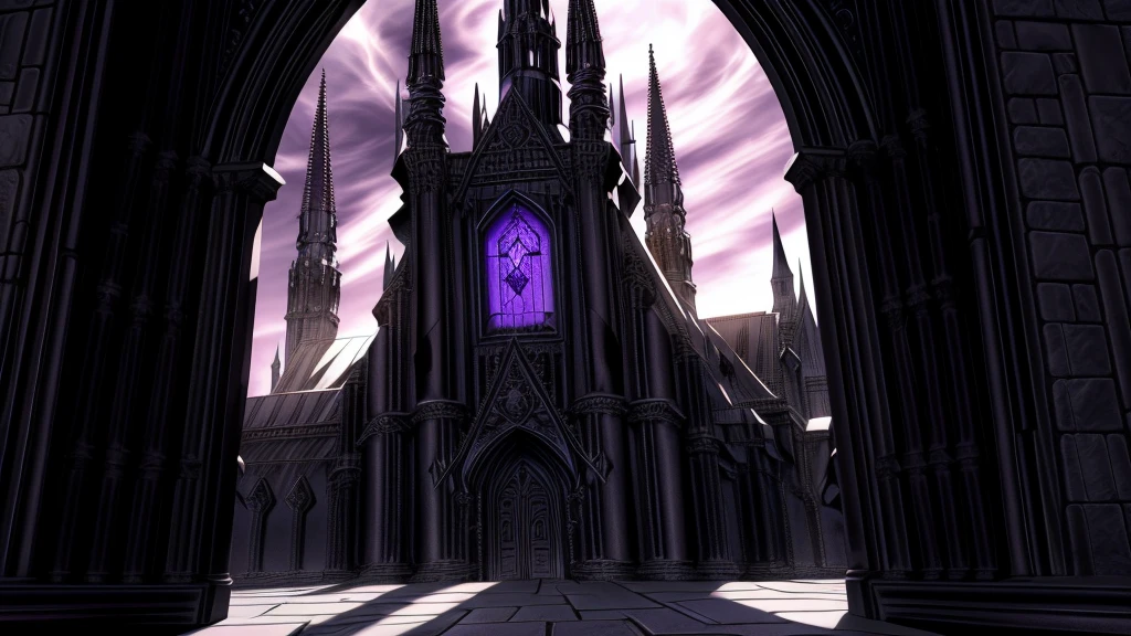 The fortress stands proudly, its towering Gothic spires piercing the sky with menacing detail. Each spire is adorned with gargoyles, their faces carved with expressions of eternal watchfulness. Large, stained glass windows tinted in shades of violet and black decorate the walls, their intricate designs casting a mystical play of light and shadow.

The formidable double doors are massive, adorned with dark metals and runic details that emit a faint, ethereal glow. Guarding these doors, stone gargoyles stand with watchful, stone eyes. The walls, constructed of black stone, are high and thick, decorated with detailed reliefs
