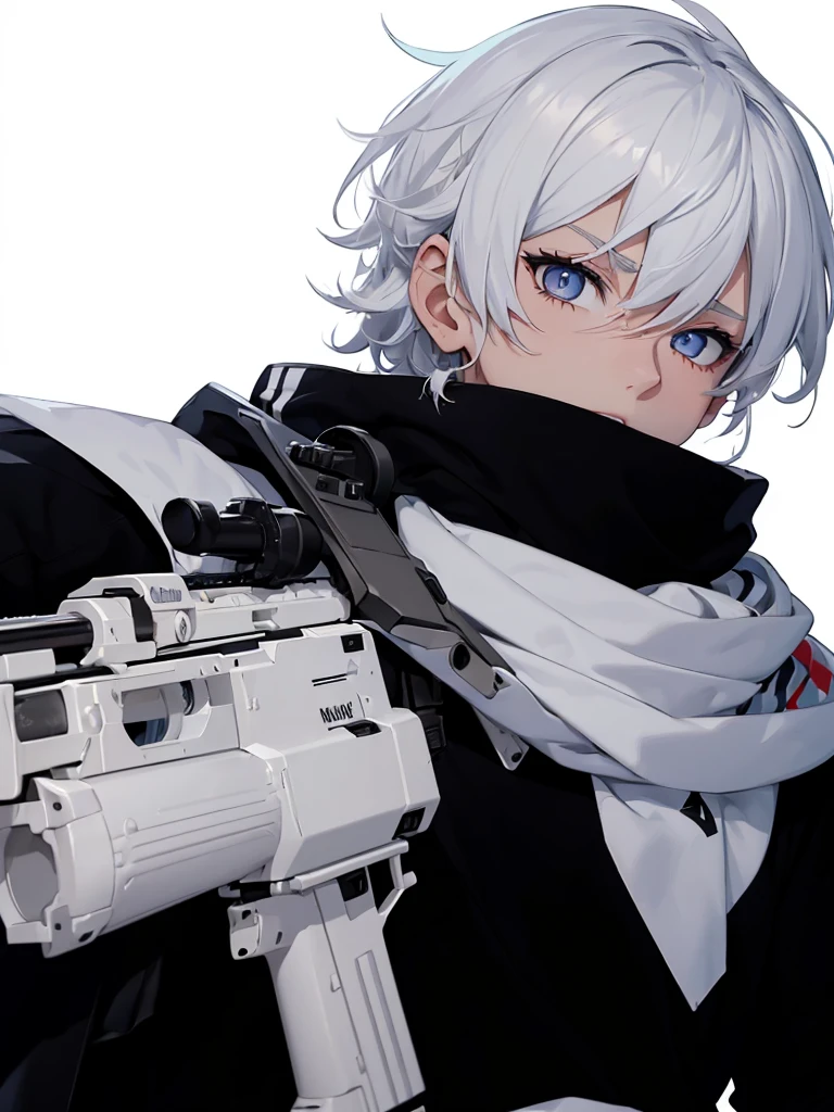 Boy with white hair;
shorth hair;
Messy hair;
eye white;
Some gun sight marks on the pupils;
wear black pants;
black jersey;
A white sweater;
A white scarf;
Snow white pupils The sniper is also white in color There&#39;s a white sniper on the back;


He is lying on the ground aiming with the sniper Right hands Symmetry Best quality No errors 

Sniper na mão 


((Faça ele segurar uma sniper branca simétrica sem erros e a mão segurando corretamente))


((Arma um pouco maior que o corpo))