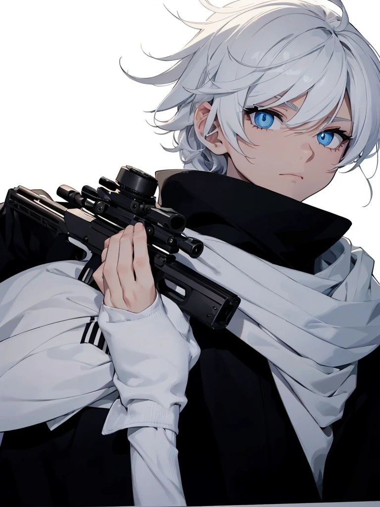 Boy with white hair;
shorth hair;
Messy hair;
eye white;
Some gun sight marks on the pupils;
wear black pants;
black jersey;
A white sweater;
A white scarf;
Snow white pupils The sniper is also white in color There's a white sniper on the back;
He is lying on the ground aiming with the sniper Right hands Symmetry Best quality No errors
Sniper na mão
((Faça ele segurar uma sniper branca simétrica sem erros e a mão segurando corretamente))
((Arma um pouco maior que o corpo))