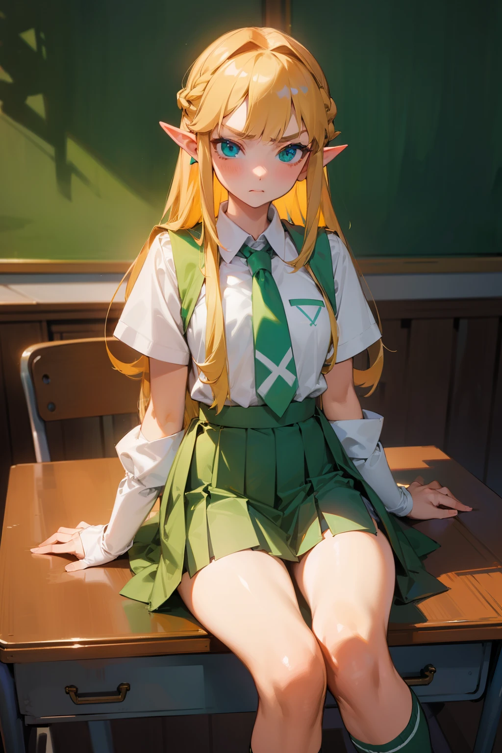 (masterpiece, high quality) 1 girl, Princess zelda, blonde, sitted on a school desk, pleated skirt, white blouse, green tie, high socks, angry, detailed eyes, detailed skin