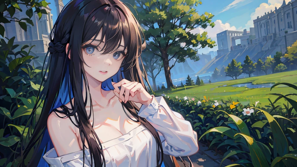 ((masterpiece, best quality)), (()), Anime version, long black hairstyle, messy front hair, laying down in garden, (wearing white sweater), double eyelashes, thin lips, shiny deep blue eyes, pale skin, looking towards viewer, (collarbone), slight smile, intrinsic details, highres, 4k, 8k, leafy background, award-winning, ((detailed fingers)), best fingers, (good fingers)