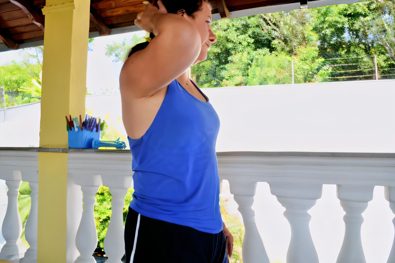 there is a woman standing on a porch with a frisbee, hunched shoulders, upper body shot, bared shoulders, back - shot, profile pose, half - body shot, half-body shot, back arched, upper body face shot, close up half body shot, in an action pose, showing her shoulder from back, arms to side, side profile shot