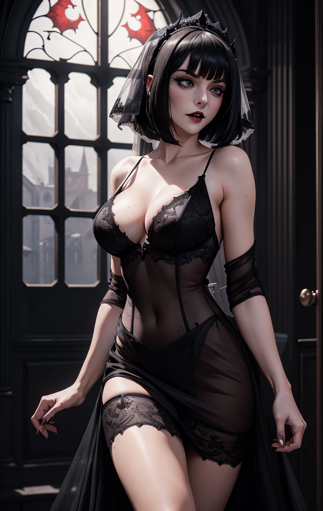 (16k, RAW photos, top quality, masterpiece:1.2), (realistic, photorealistic:1.37), (ultra detailed:1.5), (high detail skin:1.5), 8k UHD, (full body:1.1), dslr, high quality, film grain, shining eyes, professional lighting, photon mapping, (full body:1.4), ( Mavis Dracula as an super sexy incredibly beautiful sexual vampire bride:1.5), with ultra sexual slender body, blue eyes detailed, FF cupped large breasts, ultra deep cleavage, gothic makeup, dark lips voluminous, short hair with bangs style bob, (wearing a super short sexy sheer black bridal gown:1.5), walking towards the camera, in very low ambient light, in a super luxurious dark Vampire styled church its midnight out side, completely dark skies with no light, a small full moon covered with clouds seen in a distance through the window )