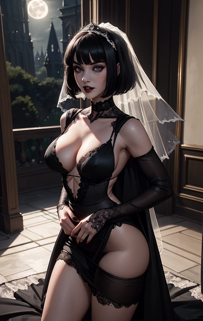 (16k, RAW photos, top quality, masterpiece:1.2), (realistic, photorealistic:1.37), (ultra detailed:1.5), (high detail skin:1.5), 8k UHD, (full body:1.1), dslr, high quality, film grain, shining eyes, professional lighting, photon mapping, (full body:1.4), ( Mavis Dracula as an super sexy incredibly beautiful sexual vampire bride:1.5), with ultra sexual slender body, blue eyes detailed, FF cupped large breasts, ultra deep cleavage, gothic makeup, dark lips voluminous, short hair with bangs style bob, (wearing a super short sexy sheer black bridal gown:1.5), walking towards the camera, in very low ambient light, in a super luxurious dark Vampire styled church its midnight out side, completely dark skies with no light, a small full moon covered with clouds seen in a distance through the window )
