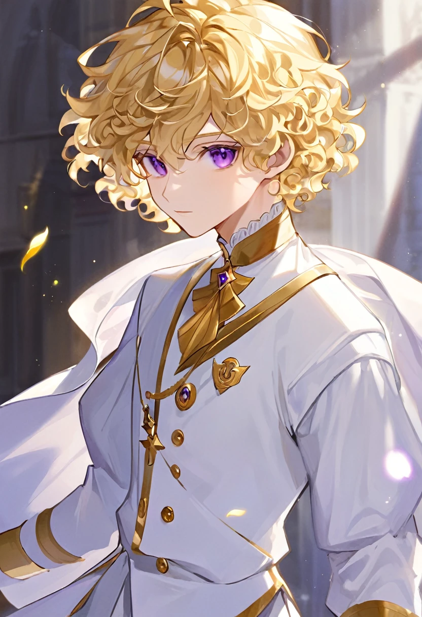 Boy , blonde short curly hair , gray and purple eyes, albinos , pale skin , white clothes, gold accessories 