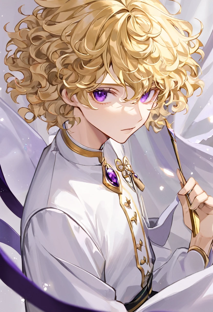 Boy , blonde short curly hair , gray and purple eyes, albinos , pale skin , white clothes, gold accessories