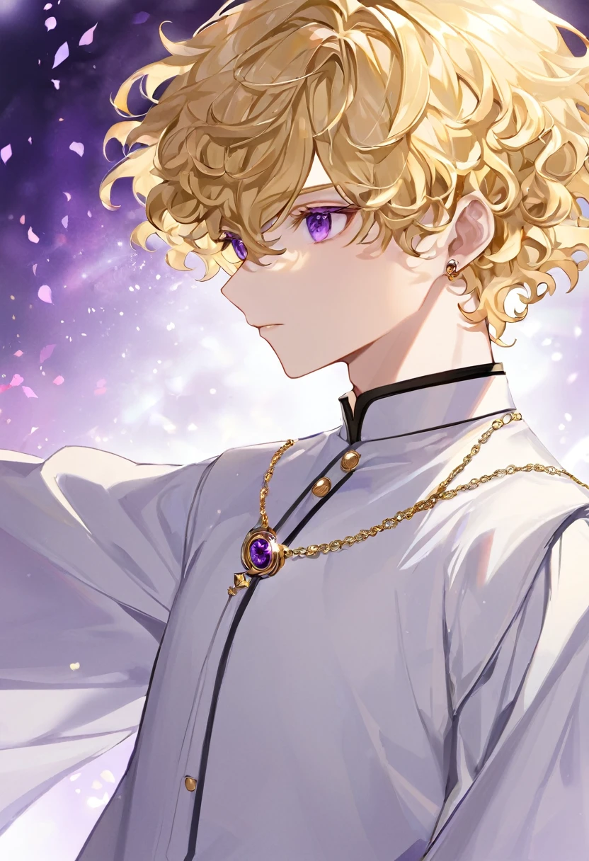 Boy , blonde short curly hair , gray and purple eyes, albinos , pale skin , white clothes, gold accessories 