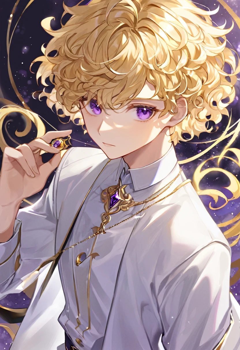 Boy , blonde short curly hair , gray and purple eyes, albinos , pale skin , white clothes, gold accessories
