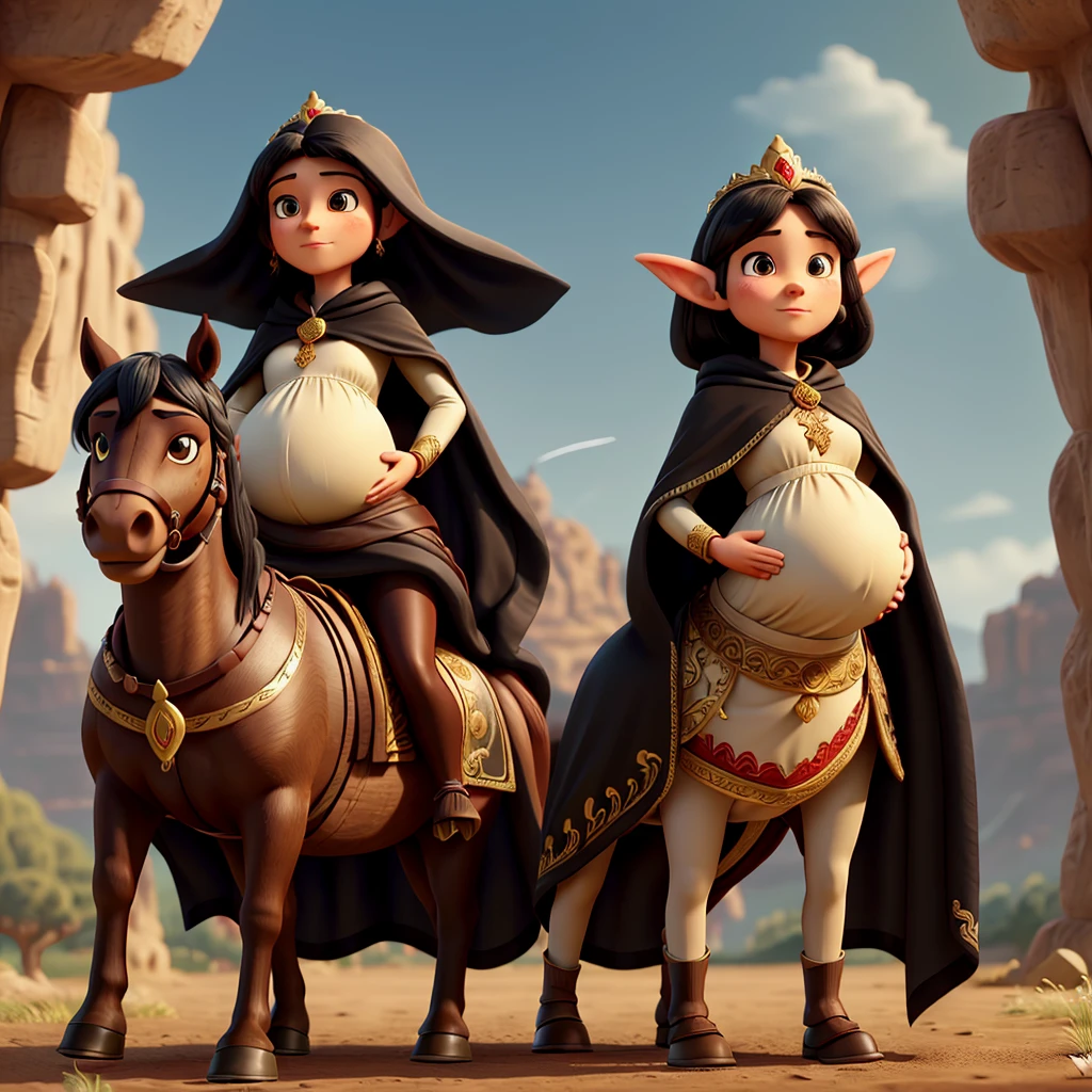 A pregnant woman riding a brown horse, wearing a black cloak with red embroidery, only her lips are visible from under the cloak, next to her is an elf man wearing a black cloak with gold embroidery, wearing a thin crown on his head, riding a black horse, the goblin army They follow him on wolves, and people watch