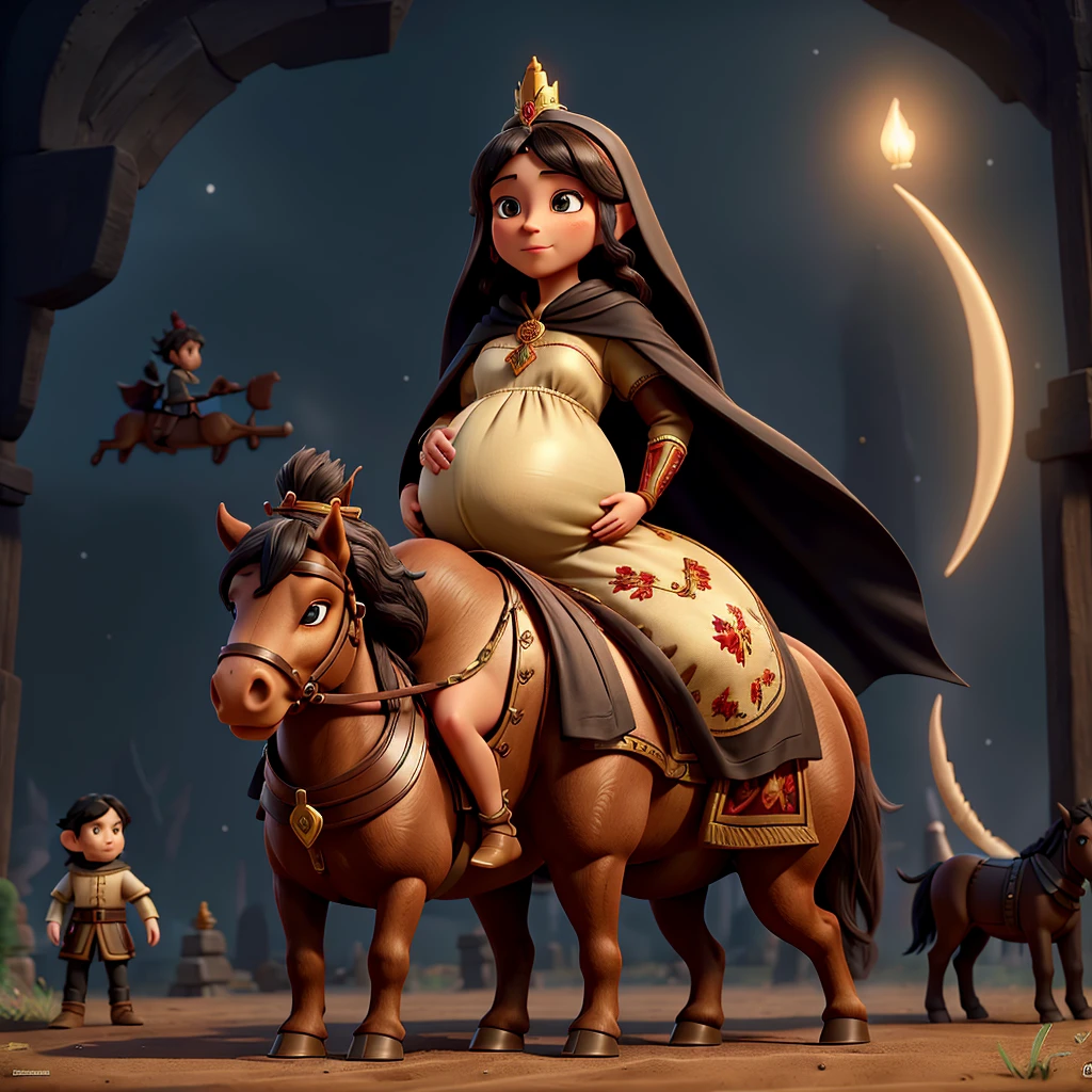 A pregnant woman riding a brown horse, wearing a black cloak with red embroidery, only her lips are visible from under the cloak, next to her is an elf man wearing a black cloak with gold embroidery, wearing a thin crown on his head, riding a black horse, the goblin army They follow him on wolves, and people watch