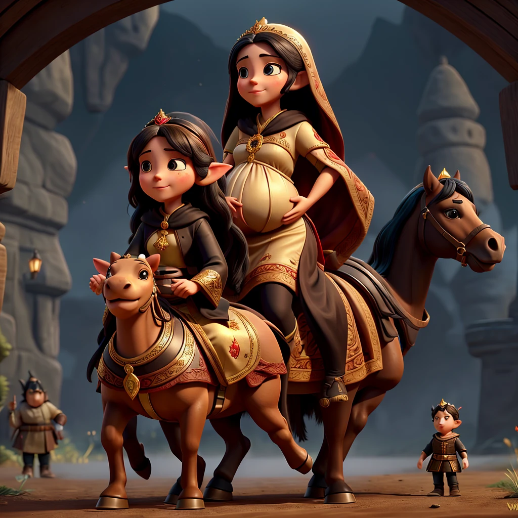 A pregnant woman riding a brown horse, wearing a black cloak with red embroidery, only her lips are visible from under the cloak, next to her is an elf man wearing a black cloak with gold embroidery, wearing a thin crown on his head, riding a black horse, the goblin army They follow him on wolves, and people watch