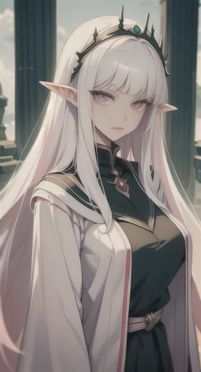 Ancient, long white hair pink eyes, elf Princess Saria, Ancient uniform, students everywhere, looking at viewer, SFW,