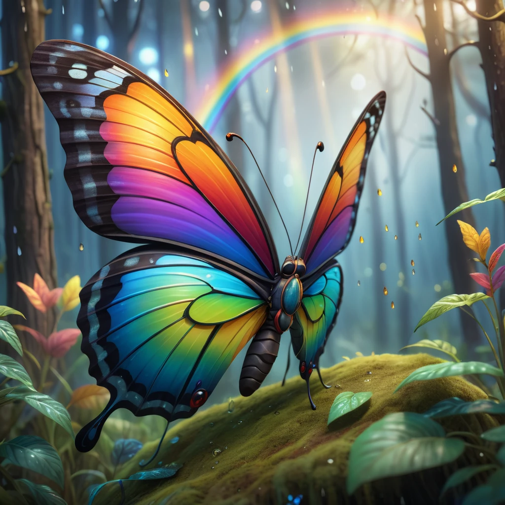 a beautiful butterfly with rainbow colored wings, crying, sad, cartoon style, highly detailed, intricate patterns, delicate textures, whimsical, magical, vibrant colors, soft lighting, dark lightning, eerie forest, fantasy landscape, 8k, photorealistic, masterpiece