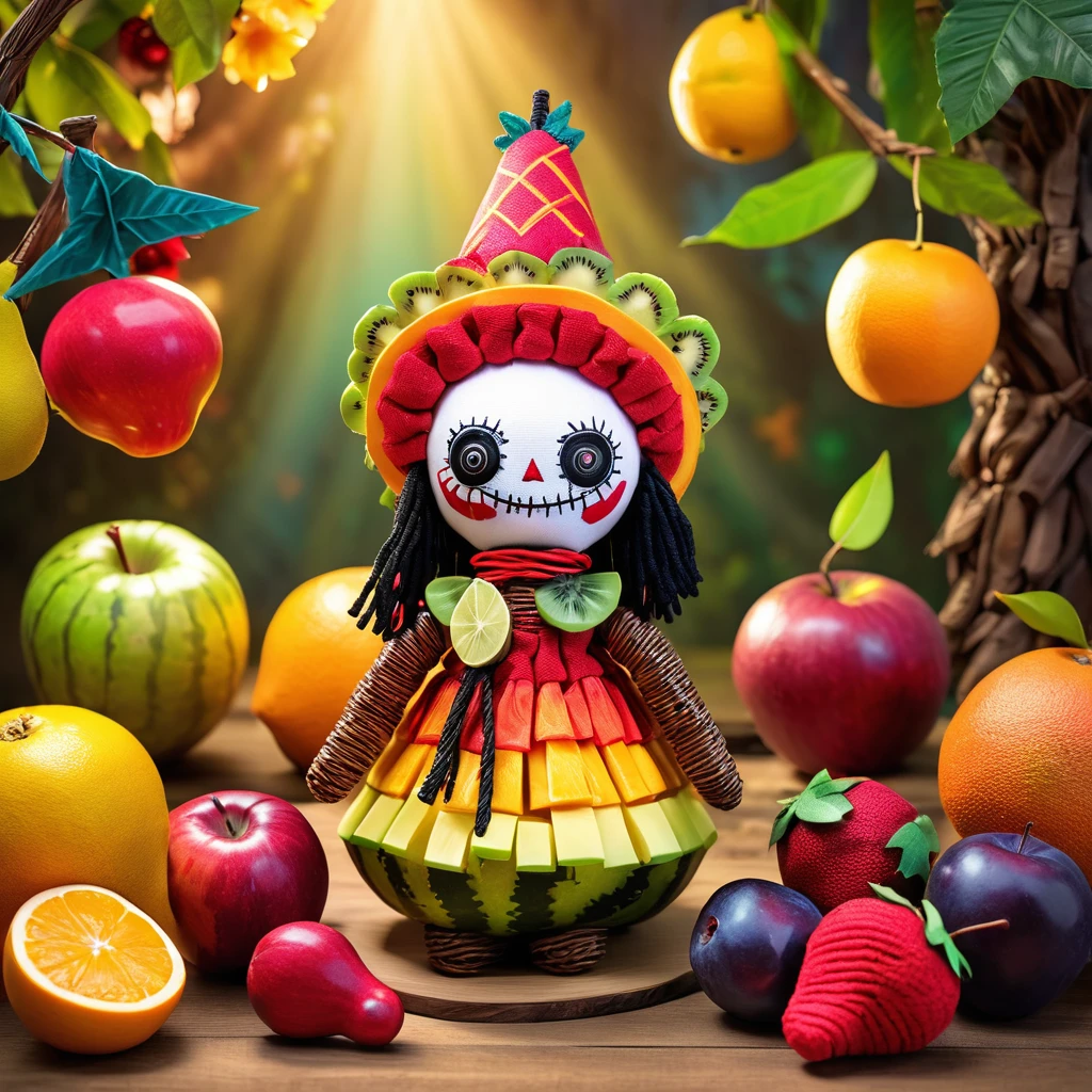 (knitted toy voodoo doll:1.7), (Voodoo Fruit Sorcerer:1.8), (Clothing: colorful robe with fruit patterns:1.0), (Accessories: glowing fruit wand, magical fruit basket, enchanted fruit hat:1.2), (Background: magical orchard with vibrant trees, sparkling fruits, and joyful light:1.2), (full body:1.0), best quality, masterpiece, detailed soft oil painting, detailed background, dramatic cinematic lighting, soft edge lighting, professional, dramatic lighting, hard edge lighting, ultra quality, 4k,masterpiece, best quality, 8k, ultra highres, highres, extremely detailed