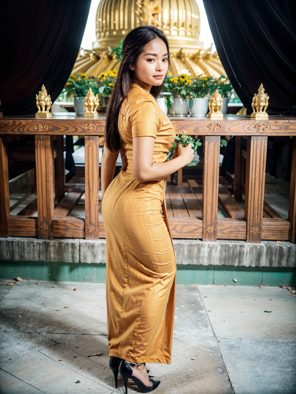 Create full body 3D image realistic photo of a beautiful girls, pretty lady MoonLay, in Myanmar outfit dress and high heel, farming in the background seance Bagan Pagoda in myanmar, cinematic enhance HDR portrait glow lighting, smooth face, perfect anatomy, cannon mark v, DSLR quality, perfect anatomy