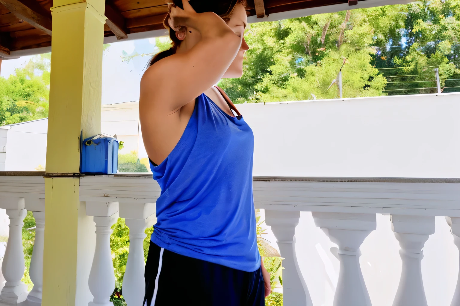 there is a woman standing on a porch with a frisbee, hunched shoulders, upper body shot, bared shoulders, back - shot, profile pose, half - body shot, half-body shot, back arched, upper body face shot, close up half body shot, in an action pose, showing her shoulder from back, arms to side, side profile shot