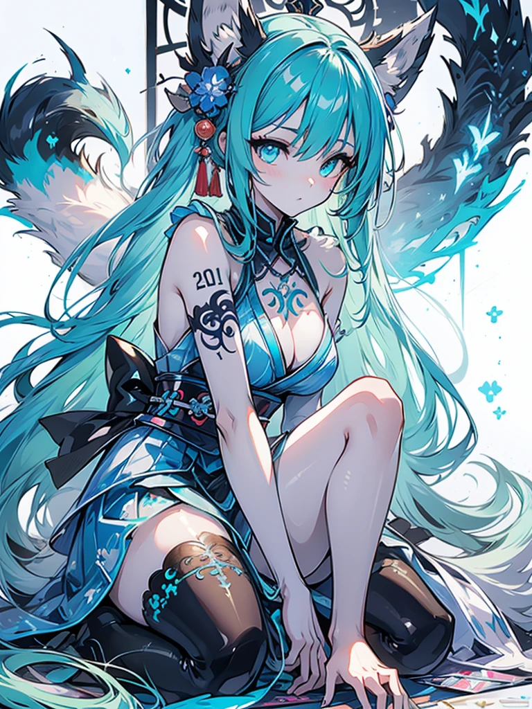 The best quality ((Masterpiece)) high definition Miku Hatsune x vixen high definition add_detail:1, blue fur,kitsune ears, tribal tattoo add_detail:1, pretty girl add_detail:1, feudal priestess clothing add_detail:1, japanese shrine landscape add_detail:1, japanese shrine costume add_detail:1, add_detail:1, full body add_detail, highly detailed face, deep aqua iris add_detail:1