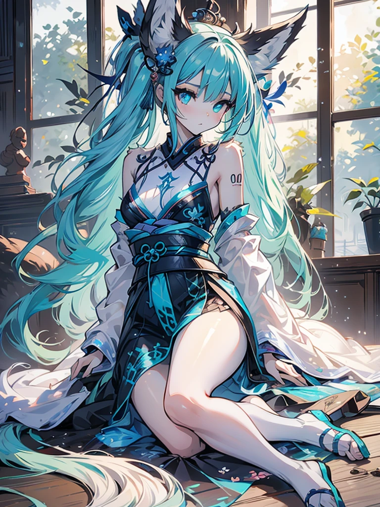 Blue Hair,blue eyes,Cat ears,girl,Girl,Small breasts,Long Hair,Twin tails,Lolita,Small breasts,Bright smile,Looks like 13 years old,Petan Musume,short,目のhighlight,Sexy thighs,Attractive thighs,Please show me your armpits,Exposing the vagina,No underwear,No underwear,Your eyes are so beautiful,highlight,とても美しいhighlight,Chinese clothing,Chinese restaurant