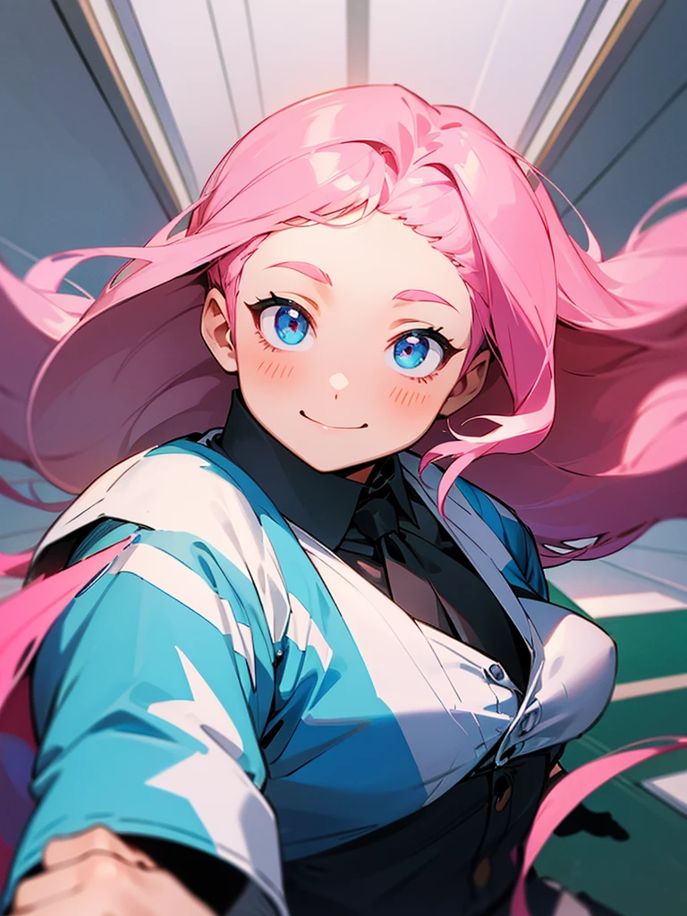 A friendly looking man, a little chubby, wearing the anime *Classroom of the elite*, and holding the hand of a girl with long pink hair