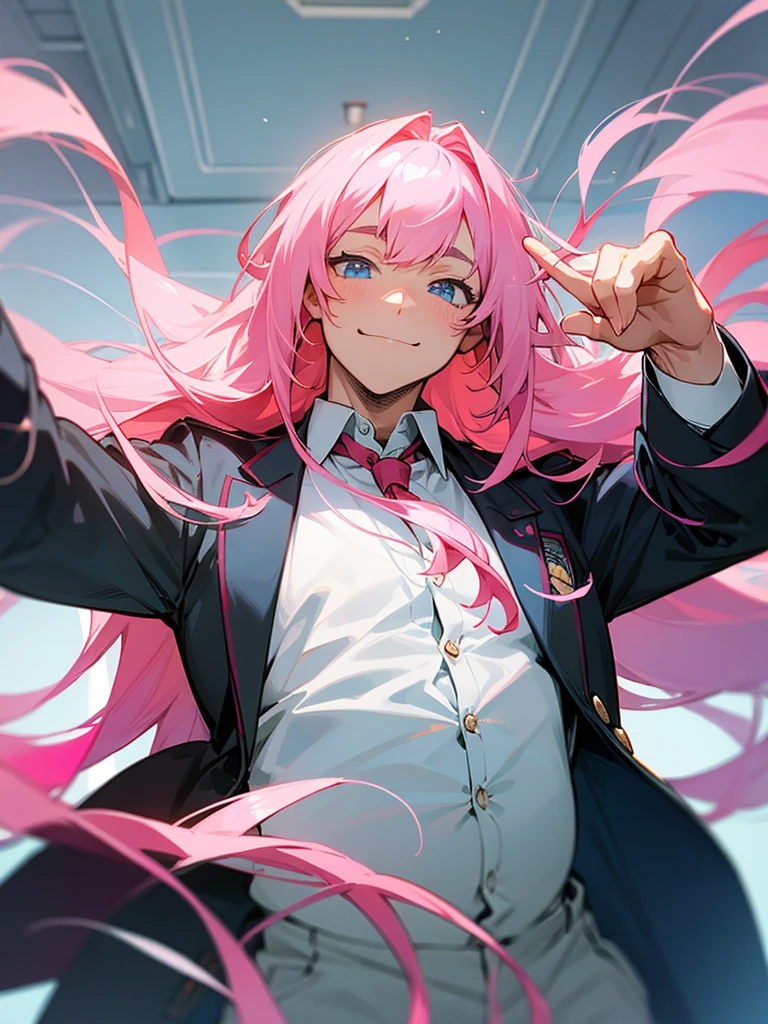A friendly looking man, a little chubby, wearing the anime  *Classroom of the elite*, and holding the hand of a girl with long pink hair