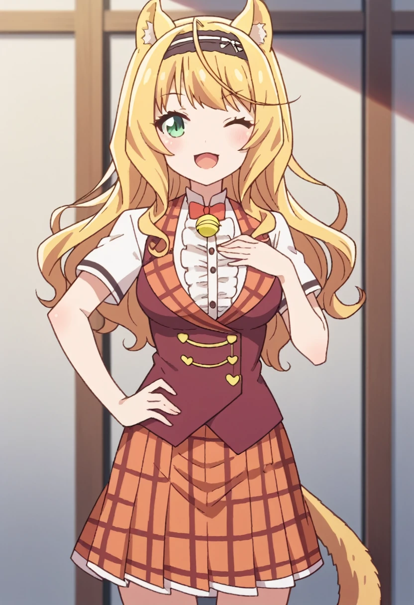 1girl, solo, long hair, looking at viewer, blush, smile, open mouth, skirt, blonde hair, bow, animal ears, green eyes, tail, short sleeves, cowboy shot, pleated skirt, hairband, frills, one eye closed, food, bowtie, vest, red bow, cat tail, hand on hip, plaid, bell, plaid skirt, hand on own chest, jingle bell, curly hair, center frills, ;3