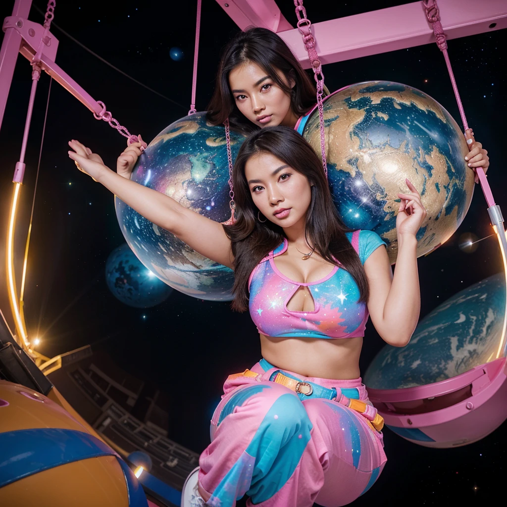 Beautiful asian woman, brunette, busty, big , colorfull outfit, on a swing set in outerspace, stars, bright galaxies, neon planet in the background, magic and bliss, perfect face, ultra realistic 