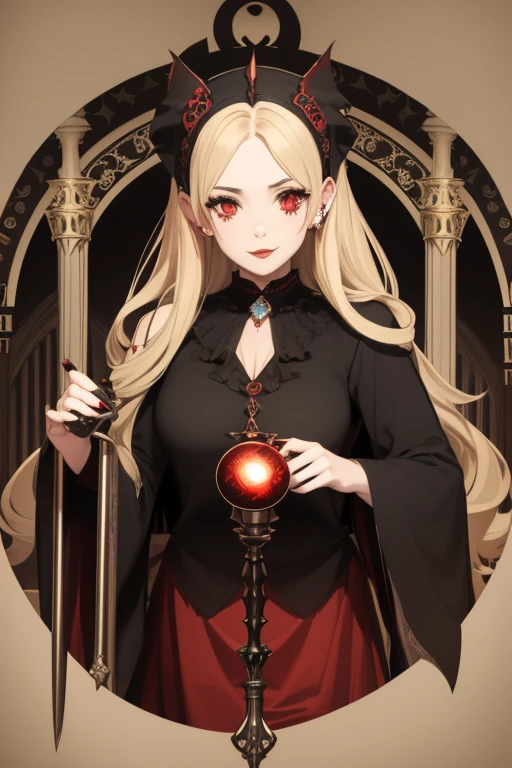 Emma Roberts 20s Vampire long curly blonde hair pointed ears red eyes Gothic priestess clothing black vintage decorations Steampunk holding a staff with a sphere of blood