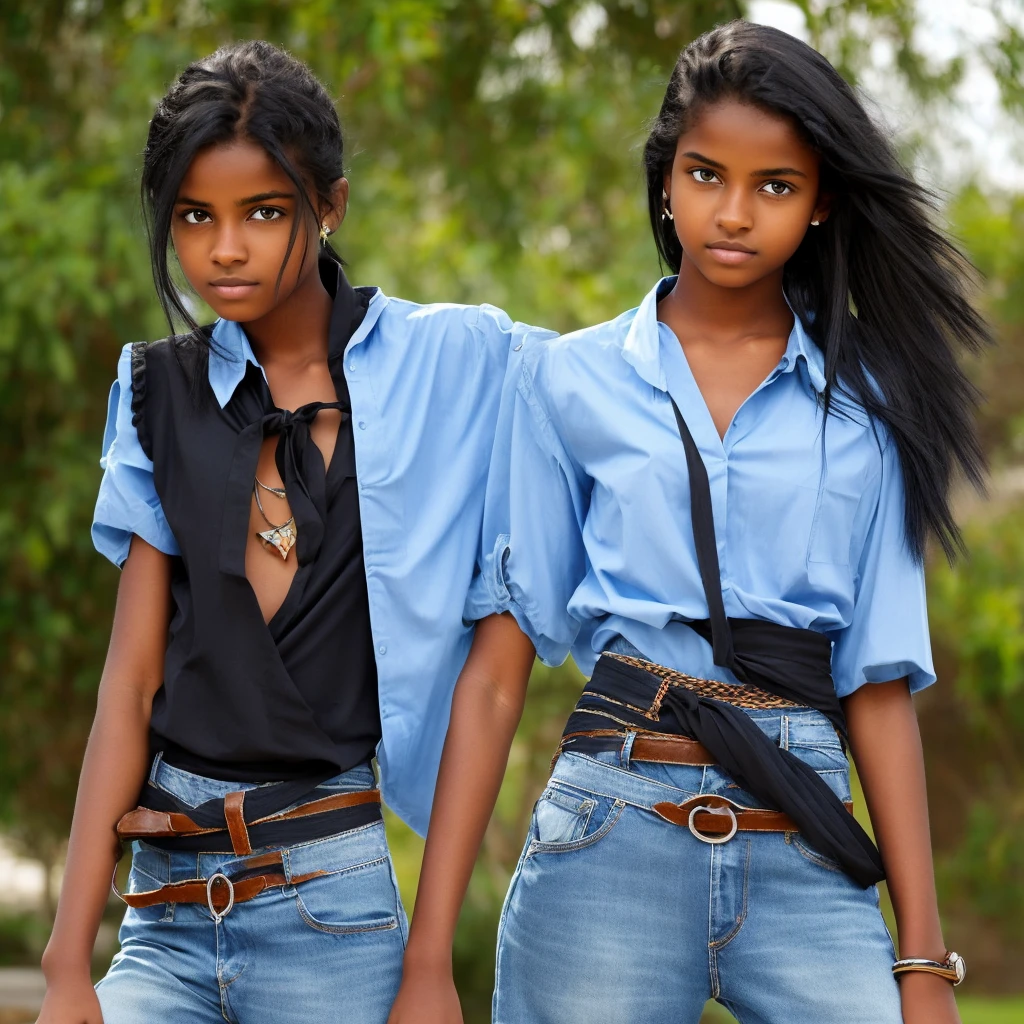A 16 year old male, has brown skin, has blue eyes, She has short, straight black hair with light blue highlights spread throughout her hair., wears a black blouse with short sleeves, and a pair of jeans. There is a blue sash tied around her waist between her pants and blouse..