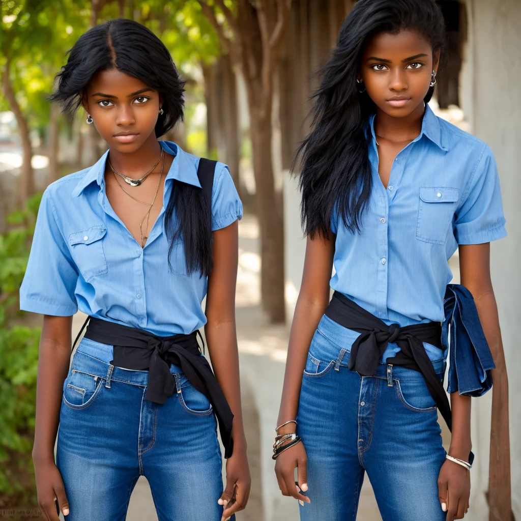 A 16 year old male, has brown skin, has blue eyes, She has short, straight black hair with light blue highlights spread throughout her hair., wears a black blouse with short sleeves, and a pair of jeans. There is a blue sash tied around her waist between her pants and blouse..